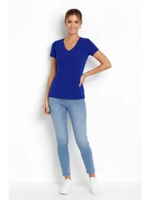 T-Shirt V Yaka Slim Fit Likralı Tişört Günlük Basic Body - İndigo