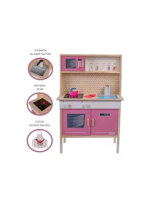 T1032 AHŞAP SU AKAN MUSLUKLU VE LEDLİ ÇOCUK MUTFAĞI PEMBE