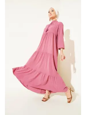 T1627 Yaka Bağcıklı Elbise - A. Pembe