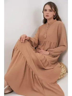 T1627 Yaka Bağcıklı Elbise - D.Vizon