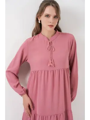 T1627 Yaka Bağcıklı Elbise - Gül Kurusu