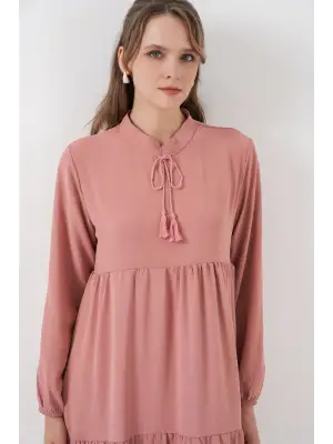 T1627 Yaka Bağcıklı Elbise - Pudra