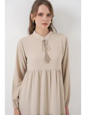 T1627 Yaka Bağcıklı Elbise - Taş