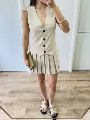 Takım Görünümlu Yelekli Mini Elbise- Bej