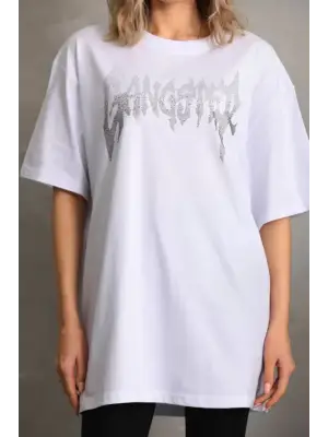 Omarı Taş Desenli Oversize T-Shirt - Beyaz