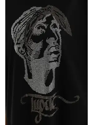 Omarı Taş Desenli Oversize T-Shirt - Siyah