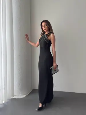 Omarı Taş Detaylı Omuz Askılı Kadın Maxi Elbise
