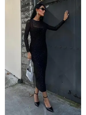 Omarı Zarif Taş İşlemeli Tül Elbise