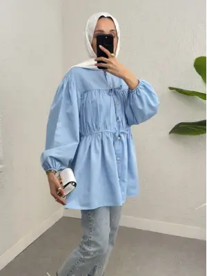 Taşlı Düğmeli Kolu Lastikli Bağlama Detaylı Gömlek -Bebe Mavi