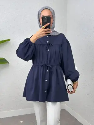 Omarı Taşlı Düğme Detaylı Lastikli Bağlama Gömlek