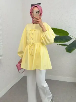 Taşlı Düğmeli Kolu Lastikli Bağlama Detaylı Gömlek -Sarı
