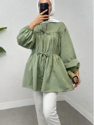 Omarı Elegan Taş Detaylı Lastikli Bağlama Gömlek -Su Yeşili