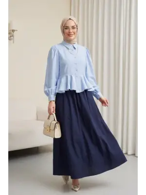 Taşlı Düğmeli Volan Detaylı Modal Gömlek Bluz  -Bebe Mavi