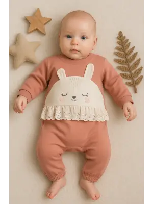 Tavşan Nakışlı Güpürlü % 100 Pamuk Kız Bebek Tulum