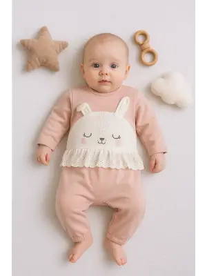 Tavşan Nakışlı Güpürlü % 100 Pamuk Kız Bebek Tulum