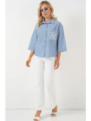 Tek Cep Nakışlı Gömlek 20328 - Lacivert