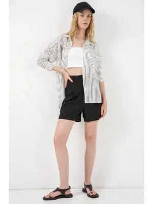 Tek Cepli Çizgili Oversize Gömlek 20375 - Beyaz