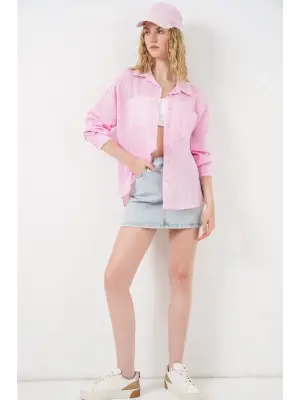 Tek Cepli Çizgili Oversize Gömlek 20375 - Pembe