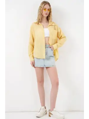 Tek Cepli Çizgili Oversize Gömlek 20375 - Sarı