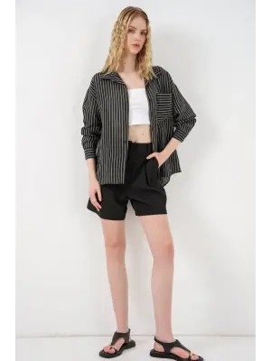 Tek Cepli Çizgili Oversize Gömlek 20375 - Siyah