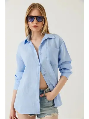 Tek cepli müslin gömlek mavi pt