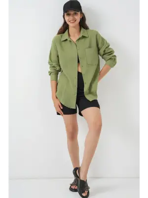 Tek Cepli Oversize Müslin Gömlek 20353 - Çağla