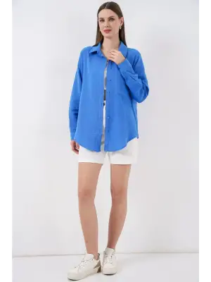 Modern Oversize Müslin Gömlek - Mavi
