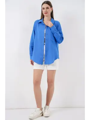 Tek Cepli Oversize Müslin Gömlek 20353 - Mavi