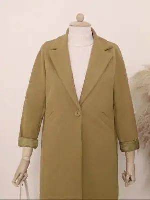 Hardal Tek Düğmeli Astarlı Kışlık Kaşe Kaban Kadın Giyim