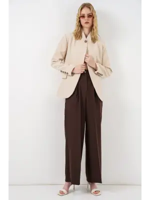 Tek Düğmeli Oversize Blazer Ceket 0749 - Bej