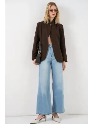 Tek Düğmeli Oversize Blazer Ceket 0749 - Kahverengi