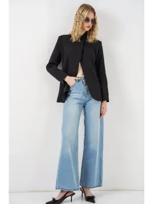 Tek Düğmeli Oversize Blazer Ceket 0749 - Siyah