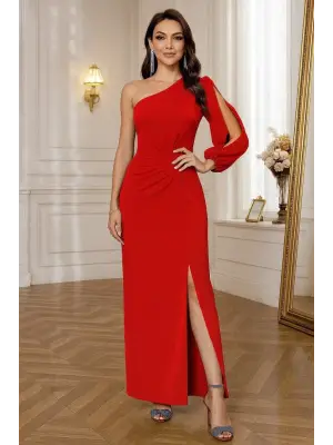 Tek Omuz Açık Derin Yırtmaçlı Krep Tam Boy Elbise