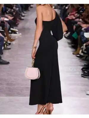 Tek Omuz Açık Derin Yırtmaçlı Krep Tam Boy Elbise