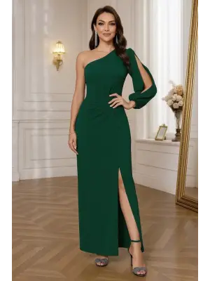 Tek Omuz Açık Derin Yırtmaçlı Krep Tam Boy Elbise