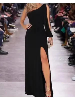 Tek Omuz Açık Derin Yırtmaçlı Krep Tam Boy Elbise