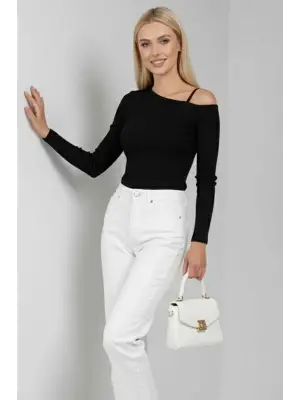 Tek Omuz İpli Bluz Siyah T4328