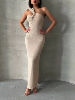 Omarı Şık Tek Omuz Pliseli Elbise