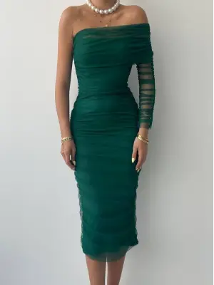 Omarı Zarif Tek Omuz Tül Elbise