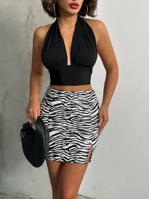 Omarı Zebra Desenli Deri Etek - Beyazsiyah Vogue Stili