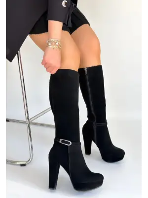 Siyah Süet Topuklu Çizme Kadın Giyim