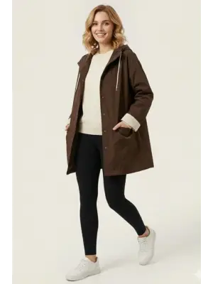 Teknik Kumaş Kapüşonlu Trençkot 5972 - Kahverengi
