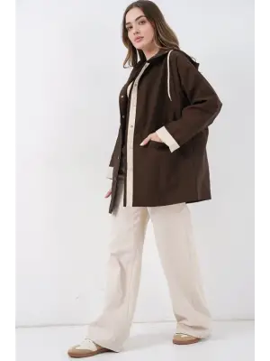 Teknik Kumaş Kapüşonlu Trençkot 5972 - Kahverengi