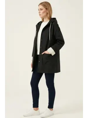 Teknik Kumaş Kapüşonlu Trençkot 5972 - Siyah