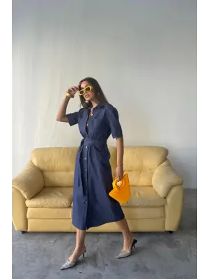 Omarı Mavi Kısa Kollu Önden Düğmeli Elbise