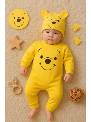 The Bear Desenli % 100 Pamuk Şapkalı Tulum