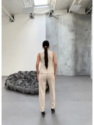 Şık Asimetrik Keten Yelek Pantolon Takım