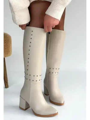 Bej Cilt Topuklu Çizme Kadın Giyim