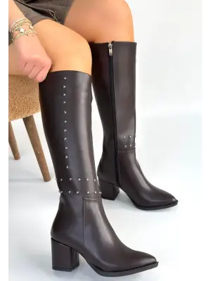 Kahverengi Cilt Topuklu Çizme Kadın Giyim