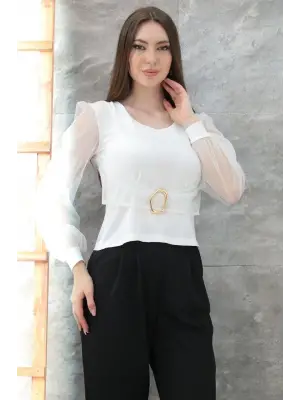 Tokalı tül kollu bluz beyaz t4071